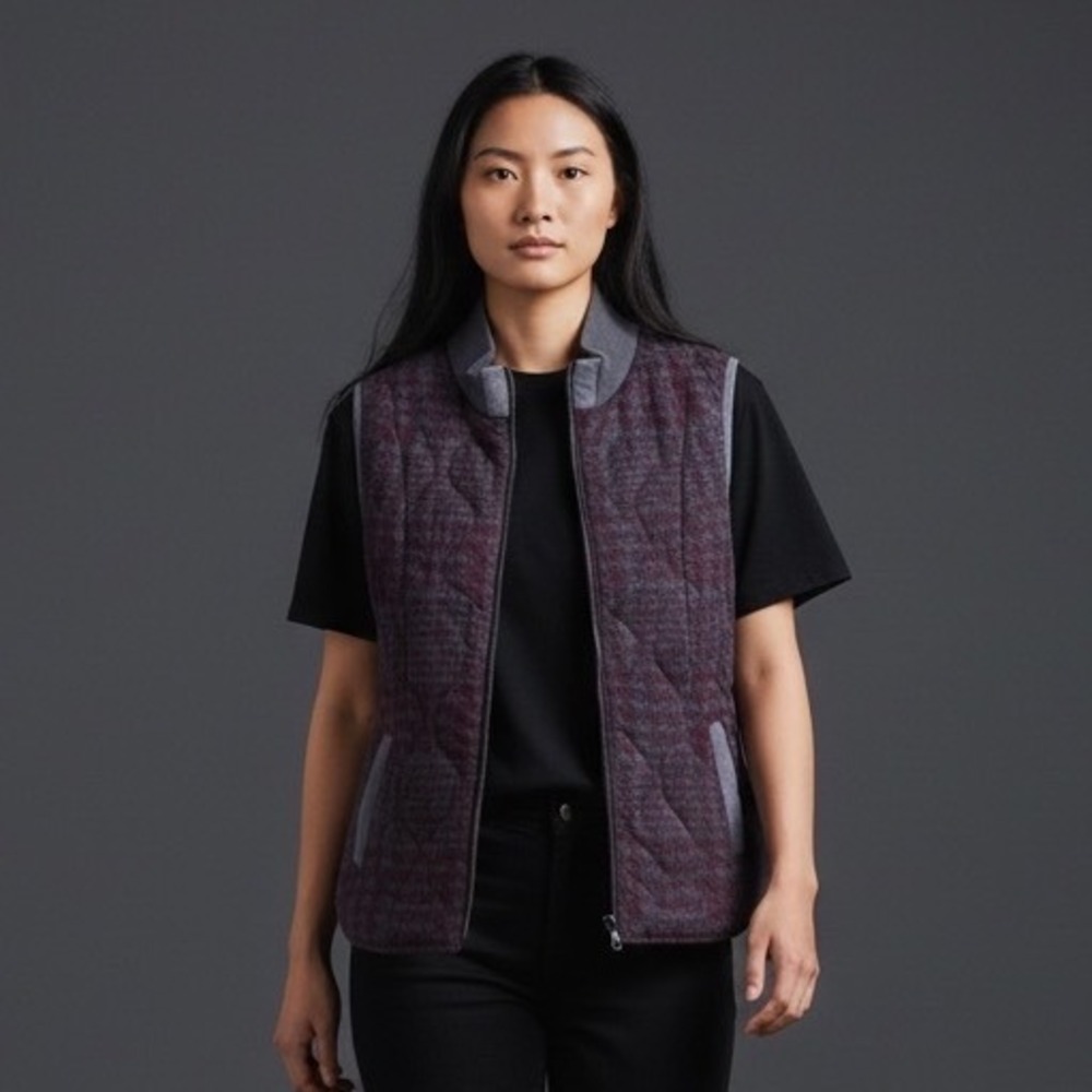 Bob Timberlake Quilted Plaid Vest Women's Size M Burgundy Grey Wool Blend